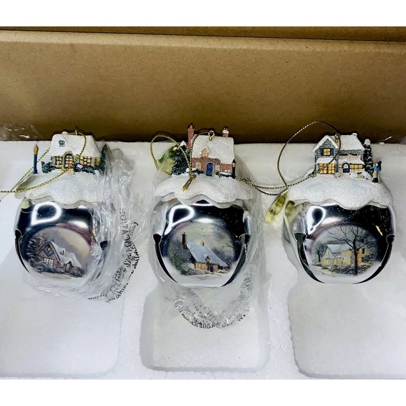 3 Thomas Kinkade Sleigh Bells Ornament Victorian Christmas Set #12 decor Pics - Picture 1 of 10